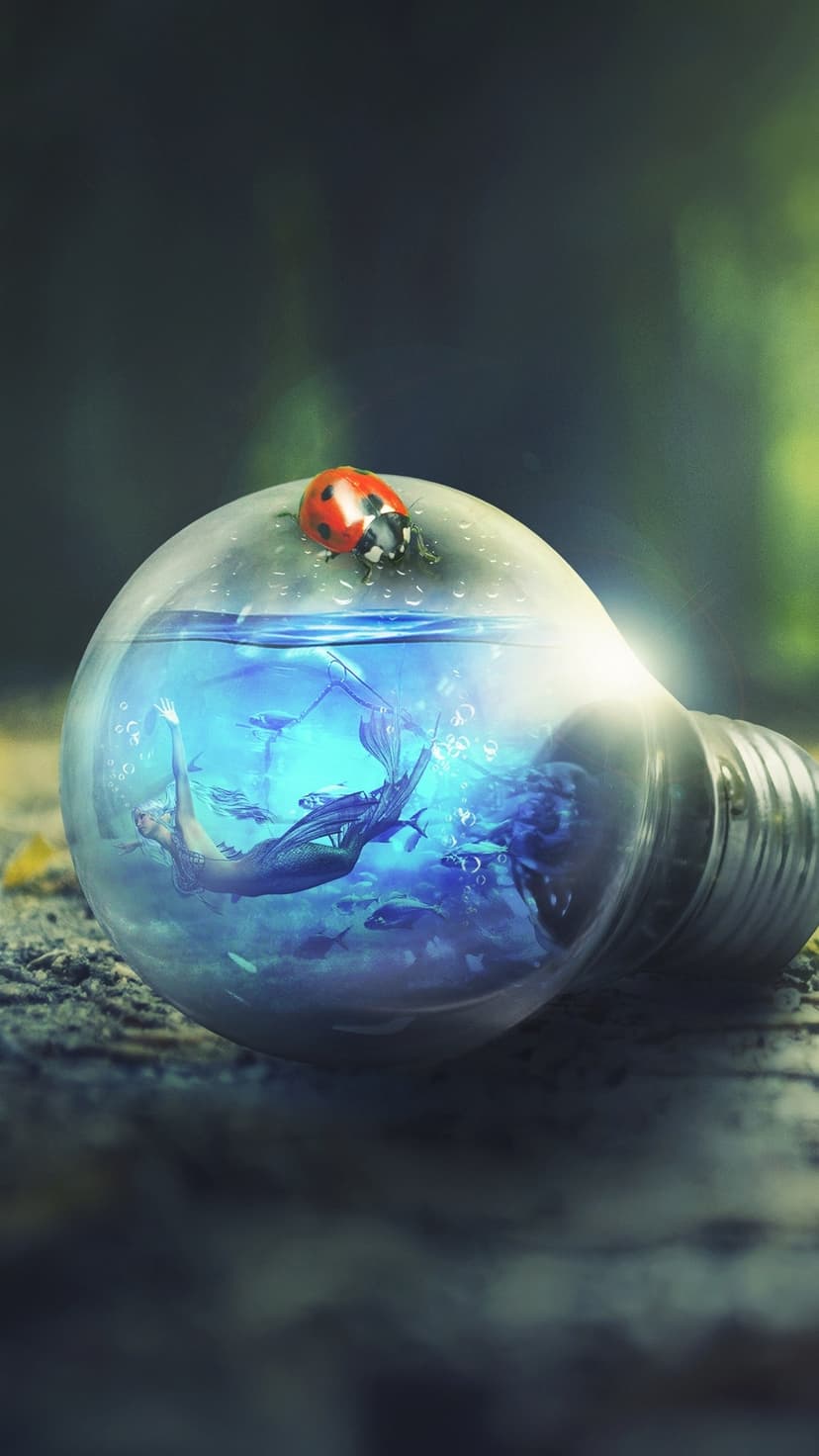 Red ladybug on a glass lightbulb filled with blue water and a swimming mermaid in a dark forest setting.