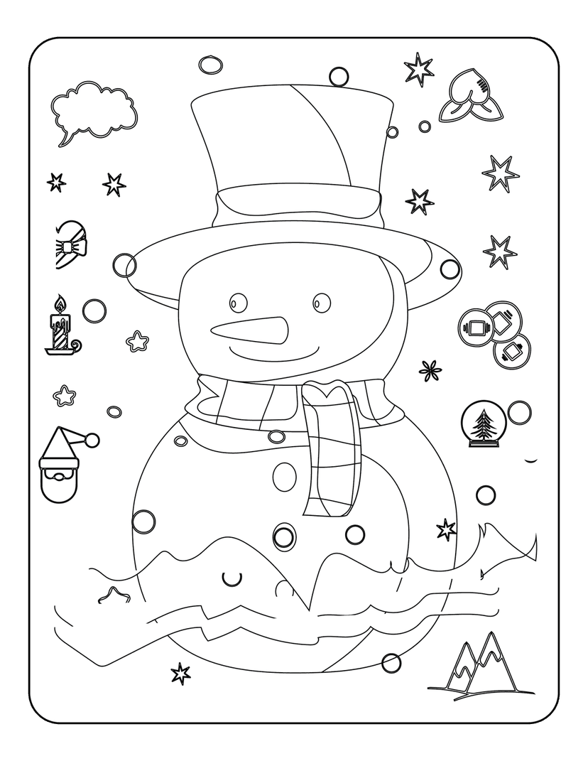 Snowman coloring page featuring a character in a top hat with stars, Santa, and a snow globe in outline style.