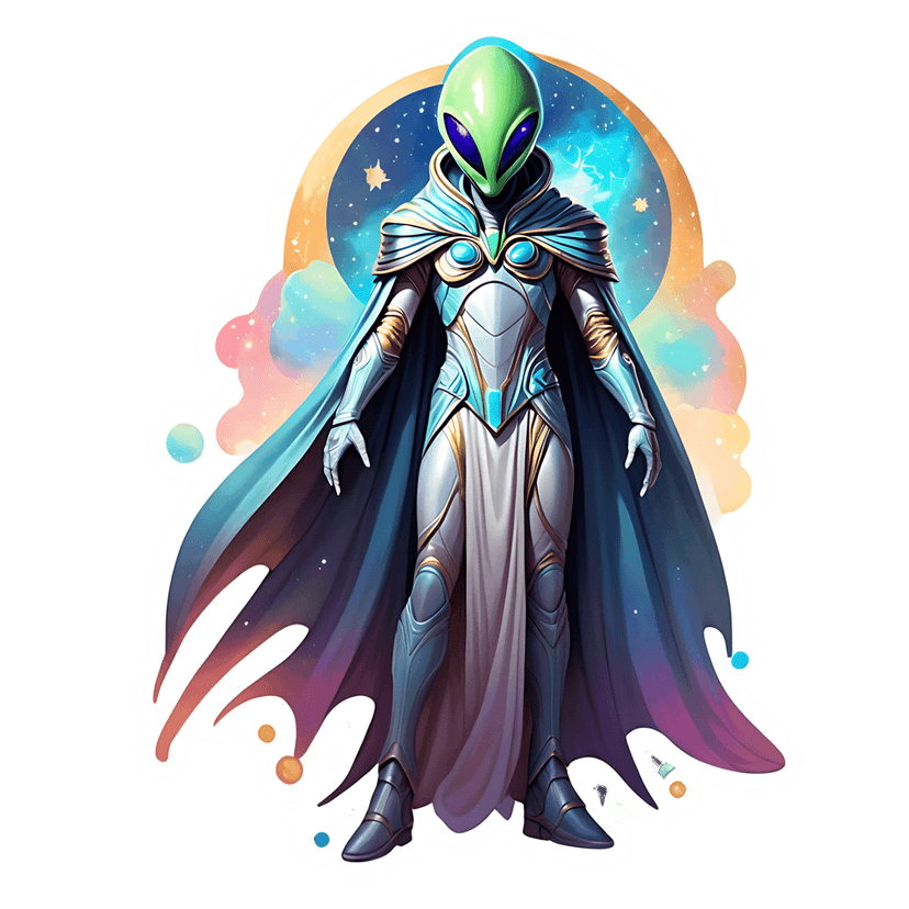 Humanoid alien wearing white armor with a purple cape standing against a starry nebula background with a moon.
