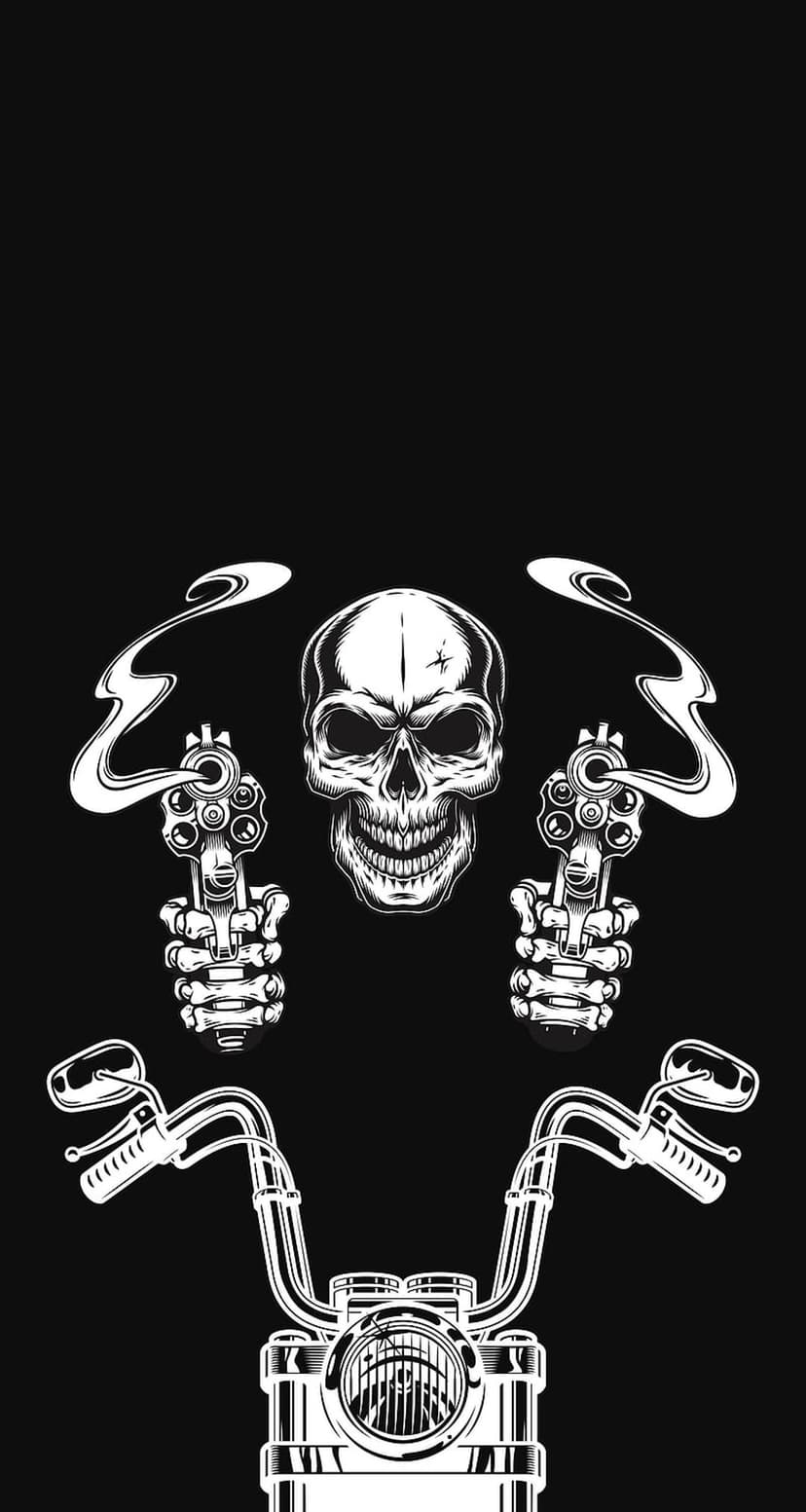 Skeleton rider on a motorcycle holding two smoking revolvers in a high-contrast black and white ink style.