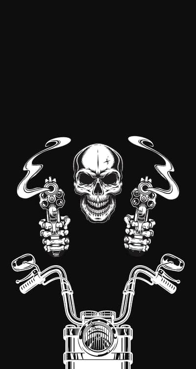 Skeleton biker with guns and smoke
