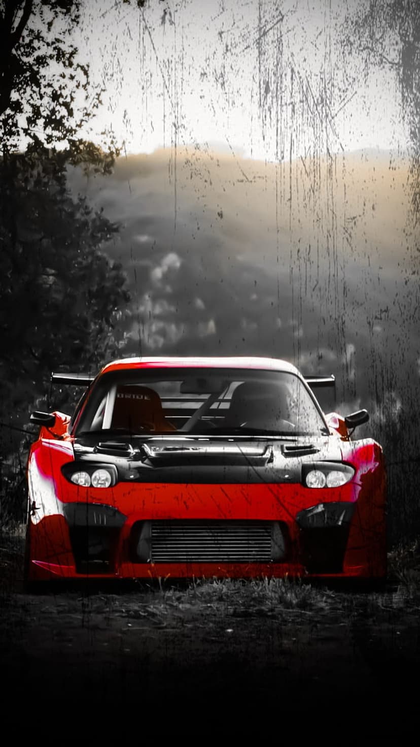 Red Mazda RX-7 with widebody kit and racing seats parked in a misty forest with a vintage scratched texture.