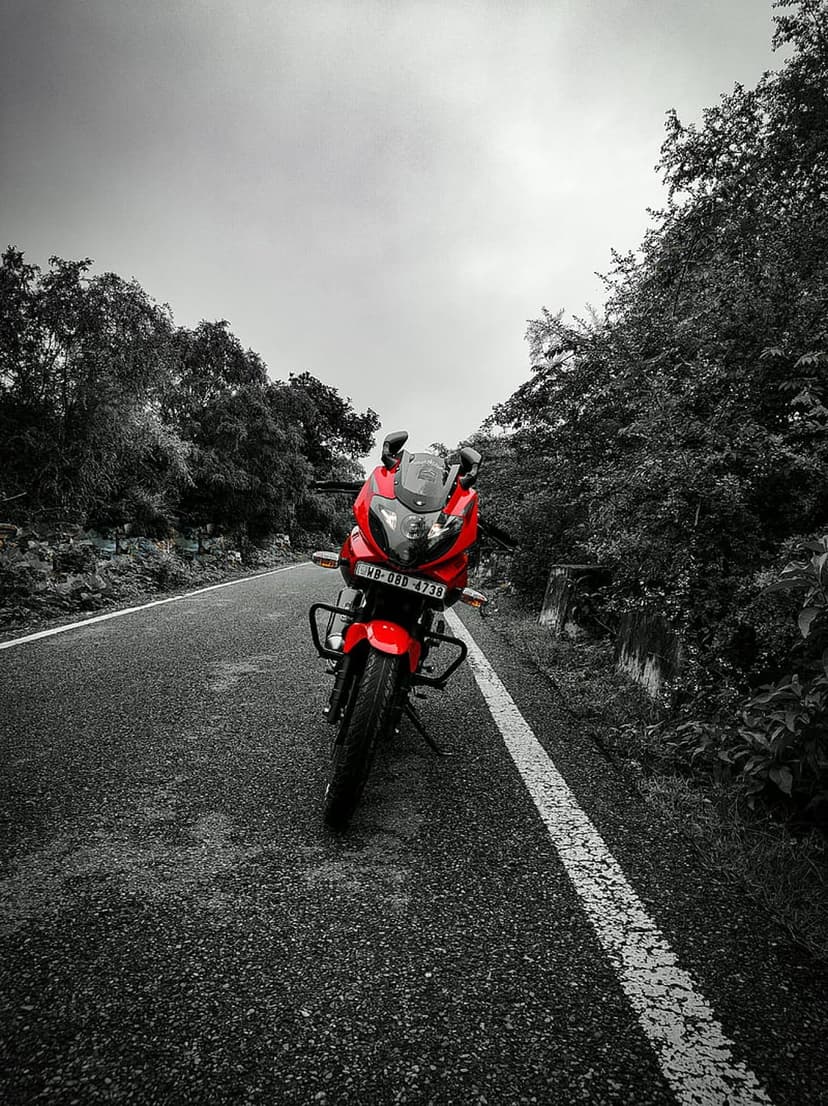 Red motorcycle parked on a winding asphalt road surrounded by desaturated green trees under an overcast sky.