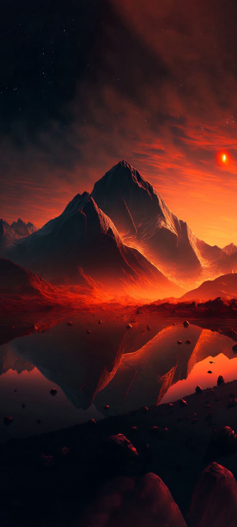Twin volcanic mountain peaks reflect in a dark pool beneath a swirling orange and red sky filled with stars.