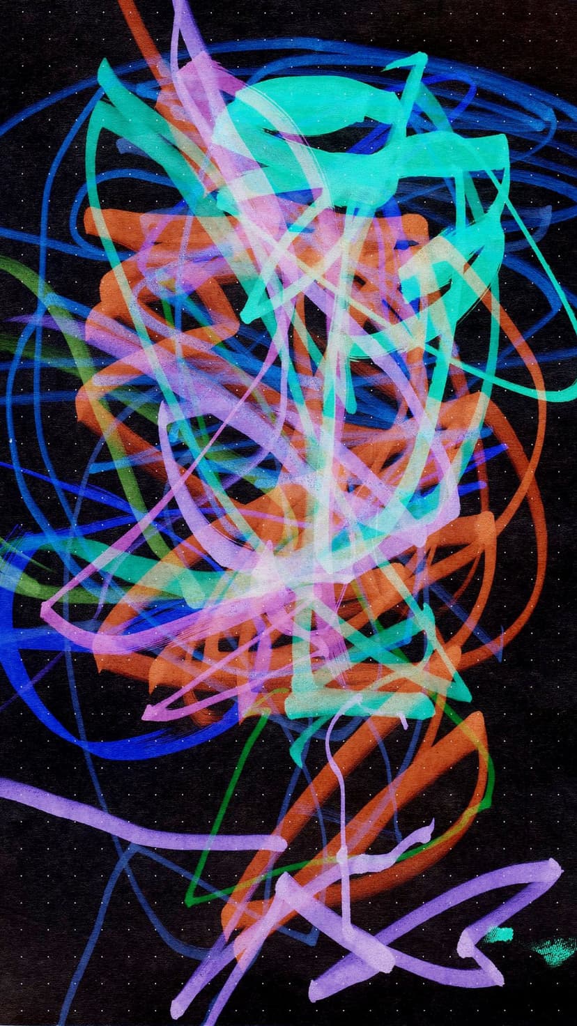 Neon pink, blue, and green light trails swirl together on a dark, textured background with small glowing specks.