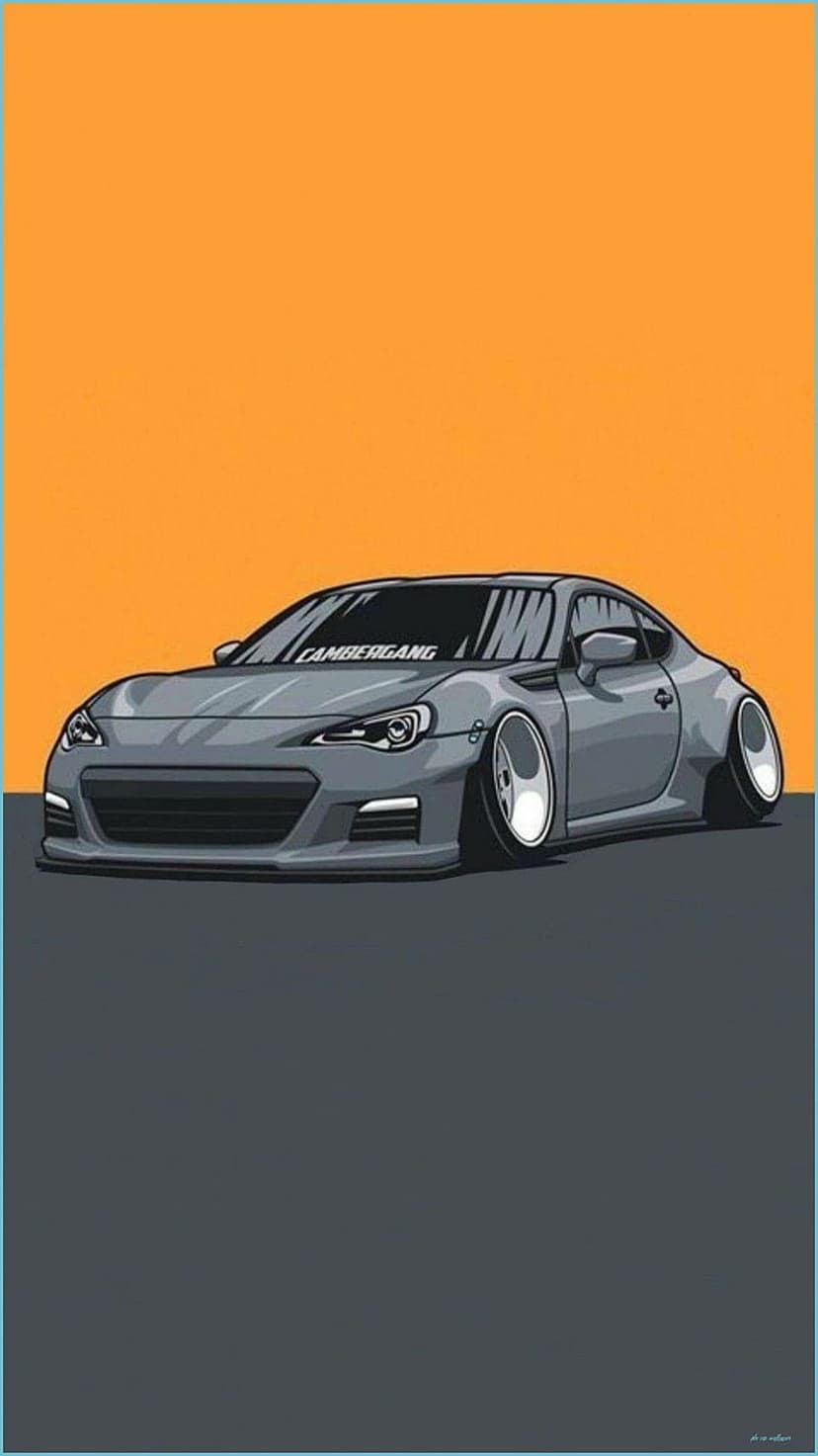 Gray sports car with slammed suspension and Camber Gang windshield text against a solid orange background.