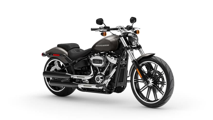 Harley-Davidson Breakout 114 motorcycle in gray and black on a clean white background with studio lighting.