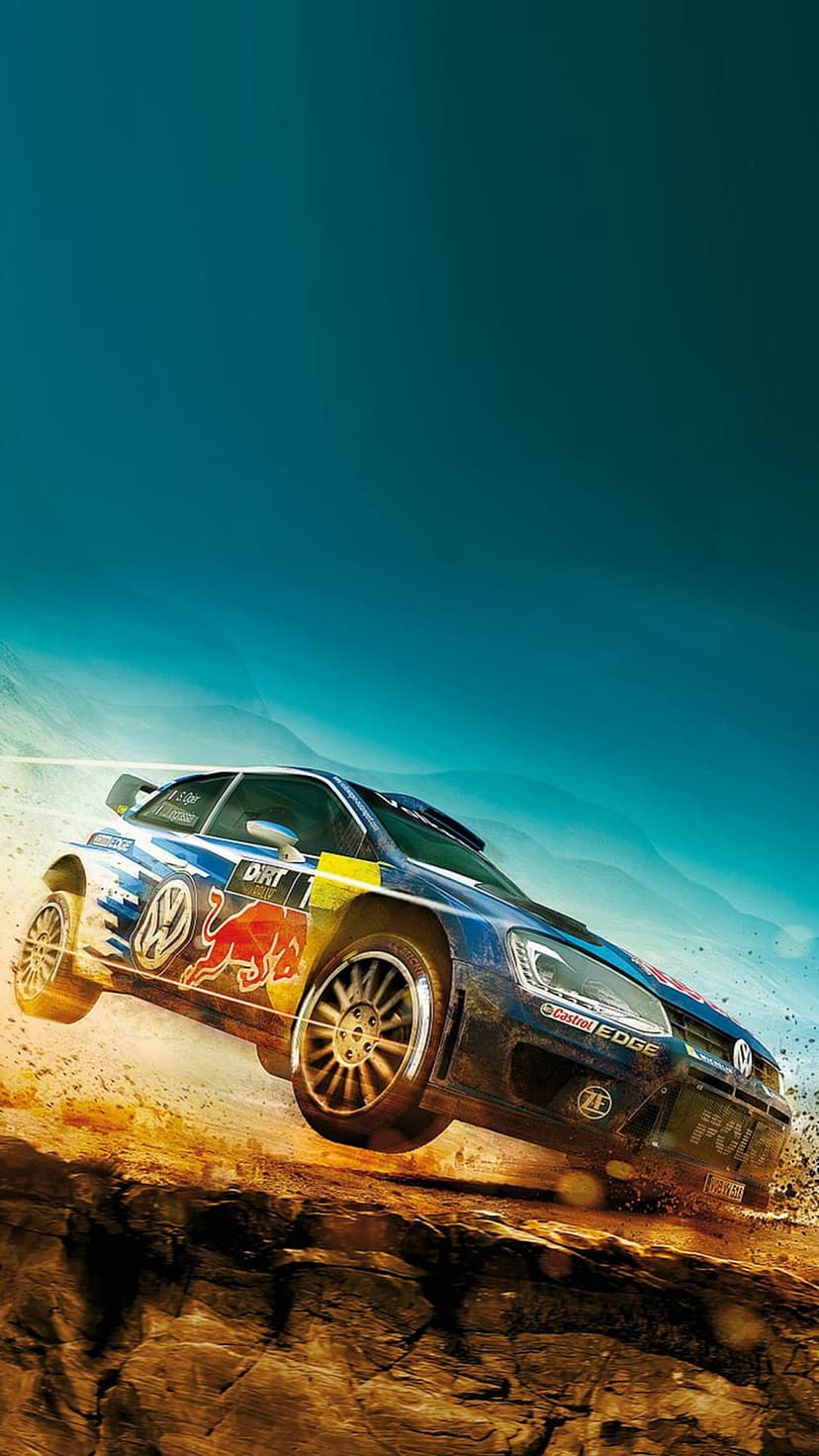 Volkswagen rally car jumping over a dirt mound with Red Bull branding and dust clouds under a clear blue sky.