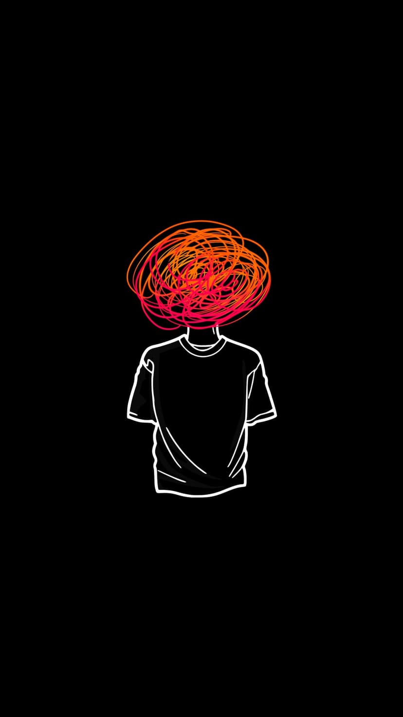 Person with a head of tangled red scribbles and white outline body stands against a solid black background.