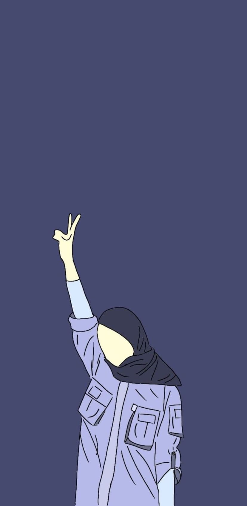 Woman wearing a dark hijab and light purple multi-pocket jacket makes a peace sign over a navy blue background.