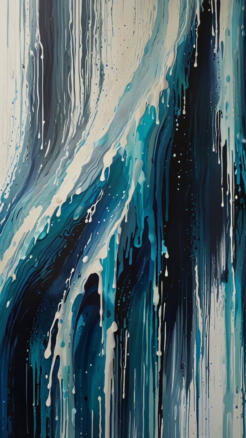 Cascading blue and white paint drips flow downward with thick textures and fine splatters in a vertical layout.