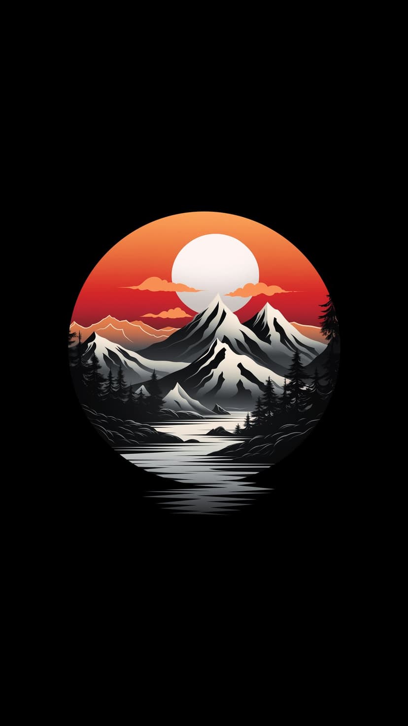 Snow-capped mountain peaks reflect in a still lake under an orange sunset sky and a bright circular moon.