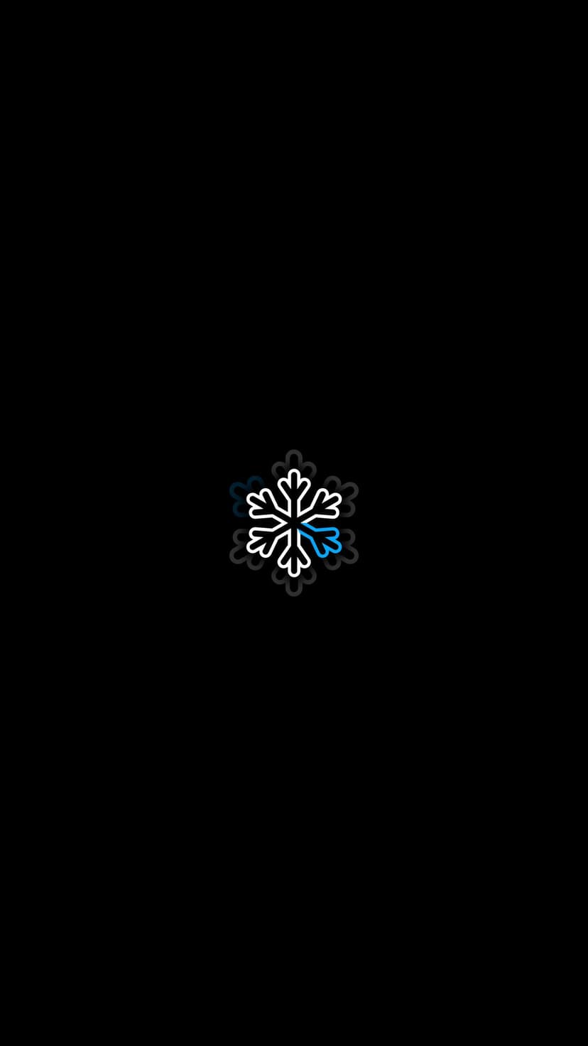 Symmetrical white snowflake with a neon blue glowing arm centered on a solid pitch-black background.
