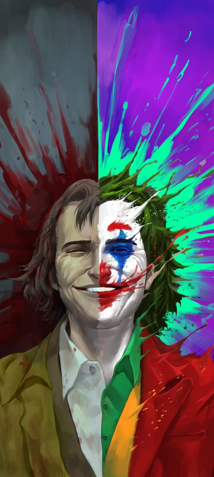 Arthur Fleck's face is split with Joker makeup against a chaotic splash of purple, teal, and green paint.