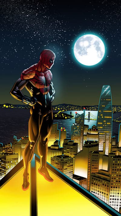 Spider-Man overlooks a glittering city skyline at night