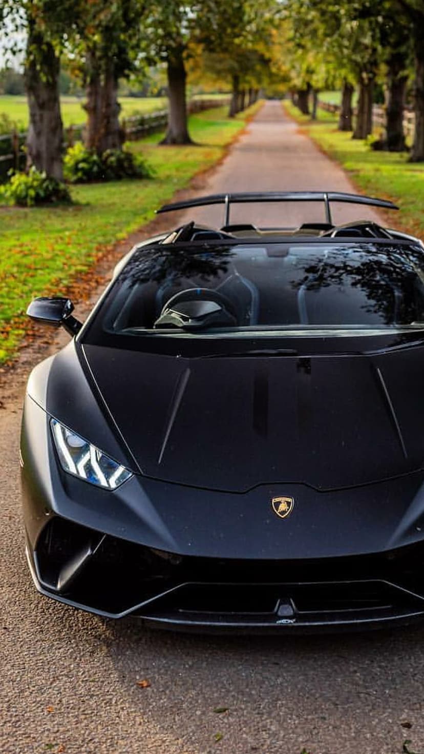 Black Lamborghini Huracán Performante Spyder parked on a gravel path surrounded by orange autumn trees and foliage.