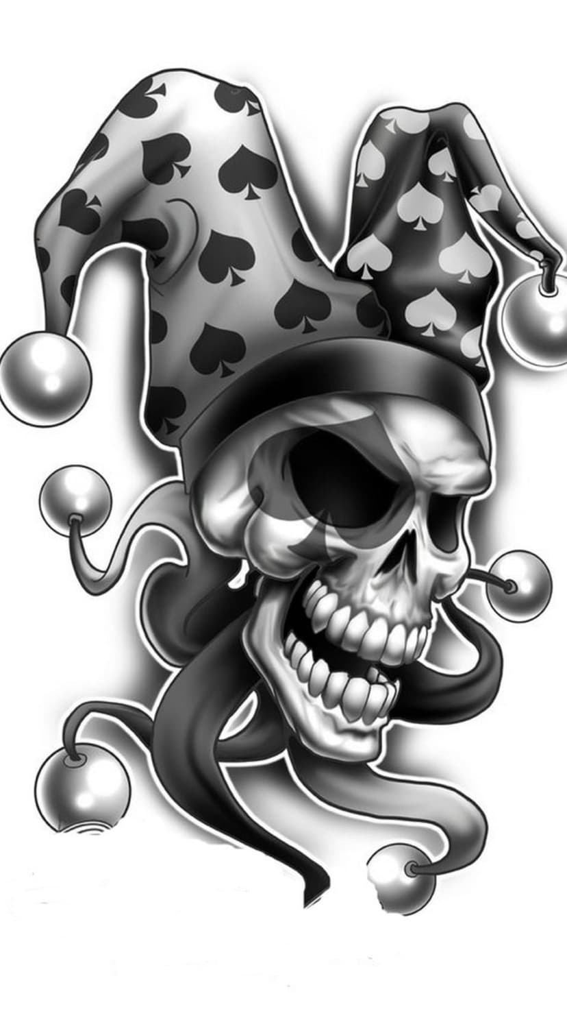Grinning skull wearing a jester hat with spade symbols and pom-poms in a high-contrast black and white style.