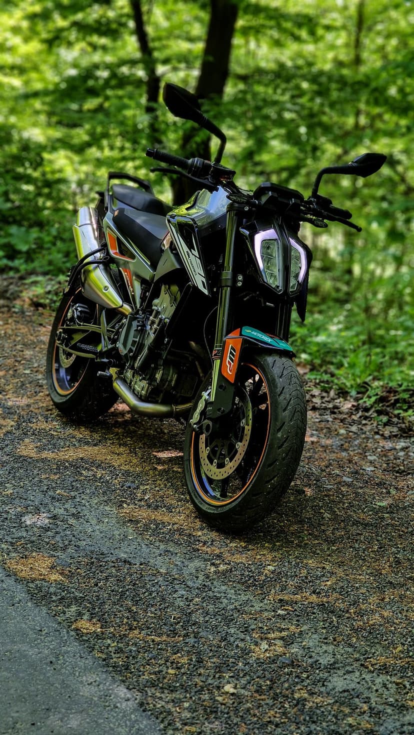 Black KTM motorcycle with orange accents parked on a gravel forest path surrounded by dense green foliage.