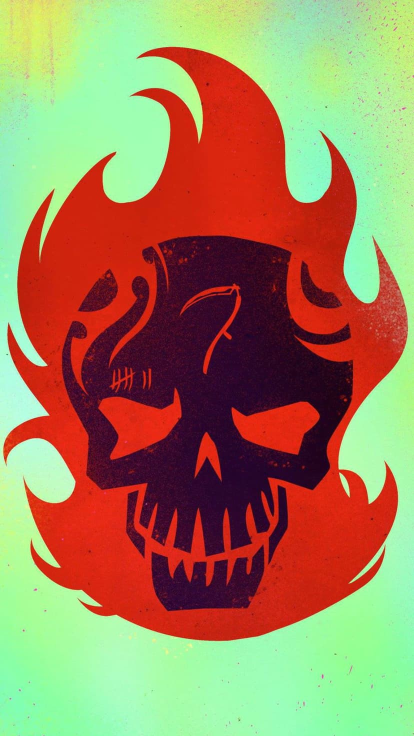 Dark skull with stitches and scythe-shaped brow bone engulfed in red flames on a textured green background.