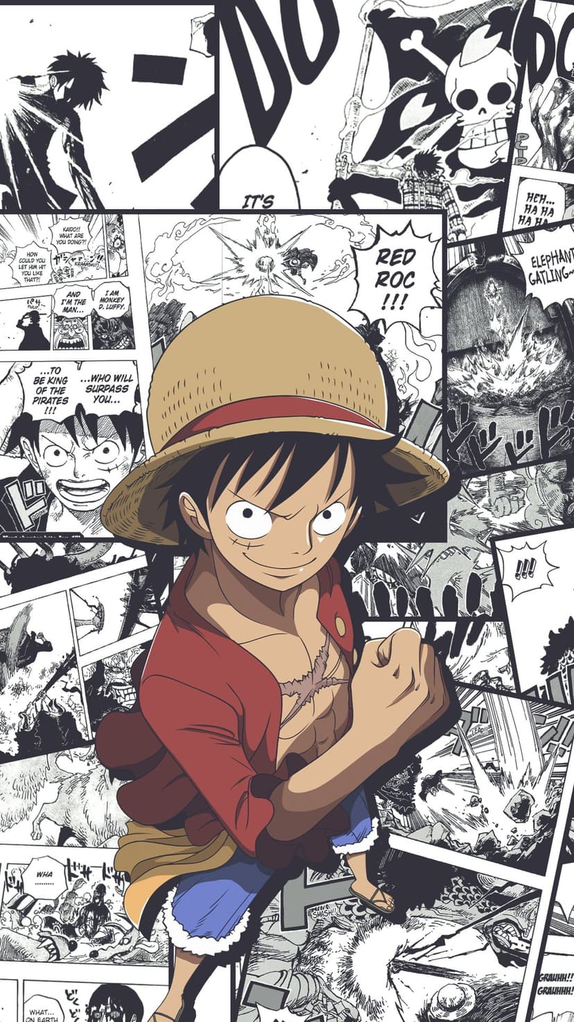 Monkey D. Luffy in color over black and white manga pages with action scenes for a vertical phone screen.