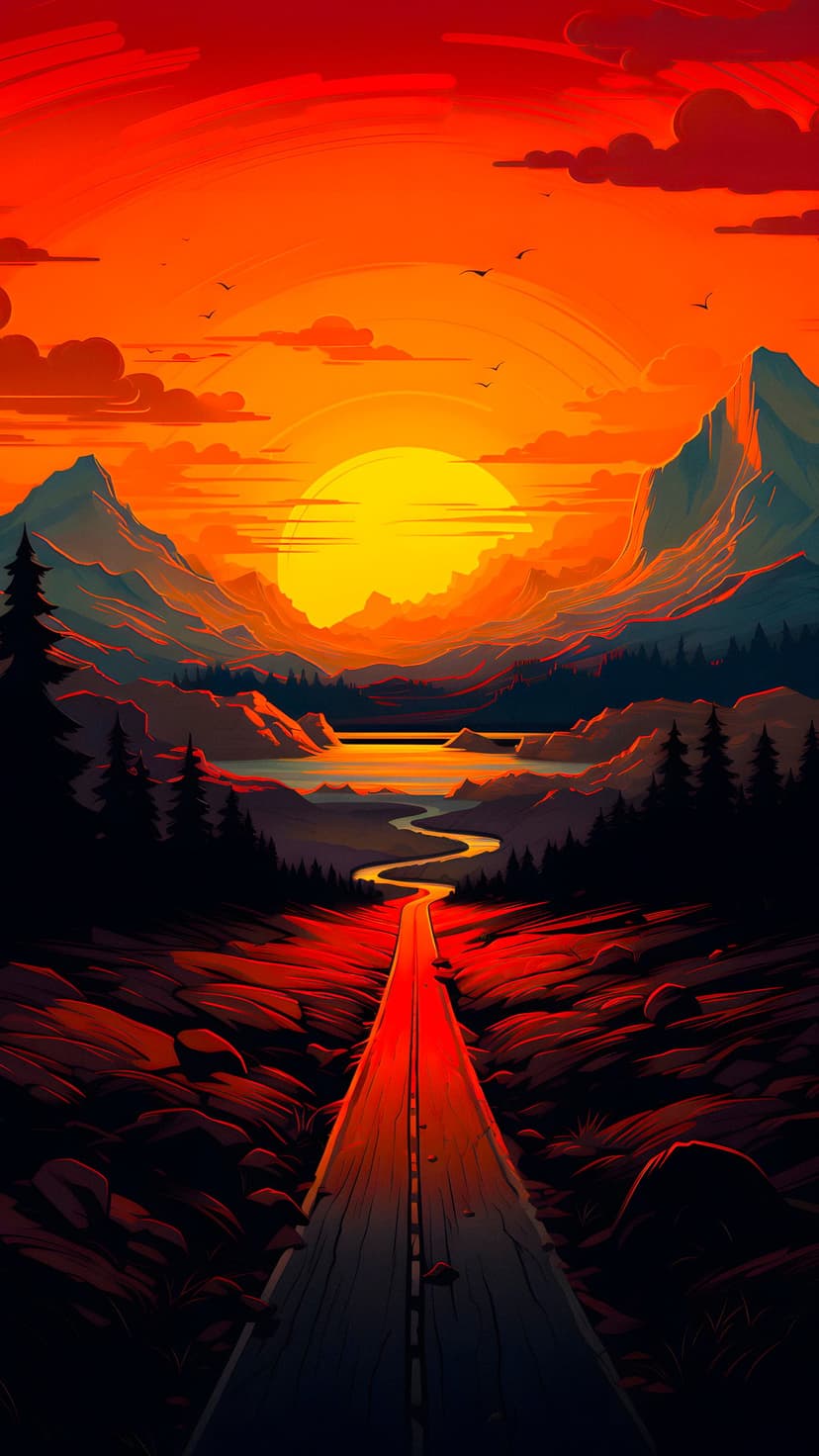 Winding road curves through steep mountain valleys under a brilliant orange sunset sky and a flowing river nearby.