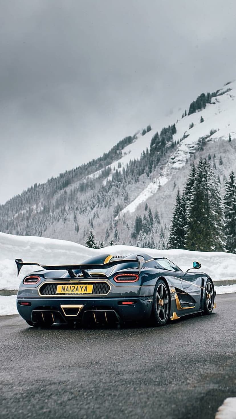 Rear view of a dark blue Koenigsegg with gold trim on a wet road facing snowy mountains and pine forests.