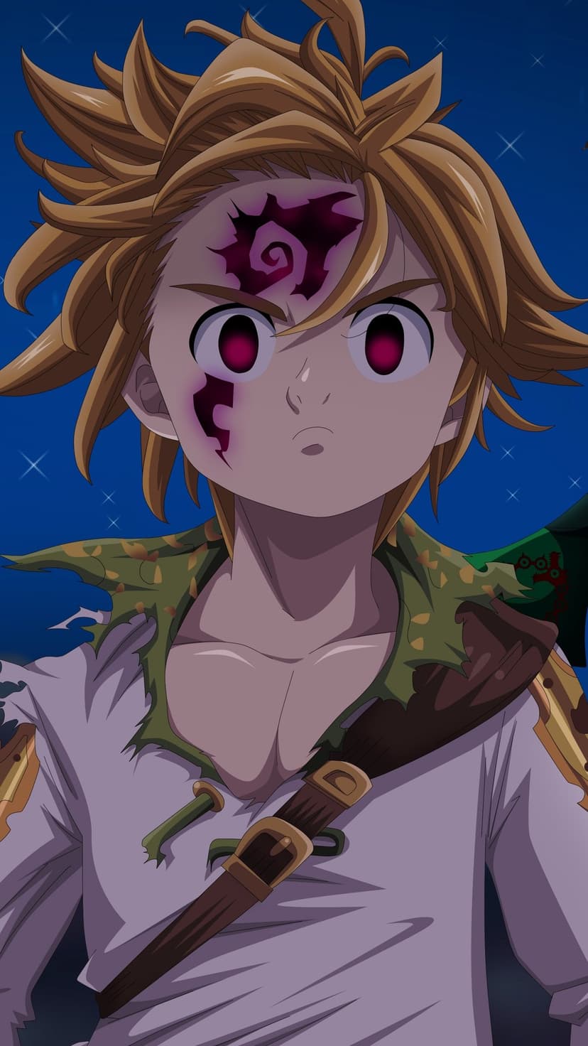 Meliodas with blonde hair, red eyes, and black forehead markings stands before a dark blue starry night sky.