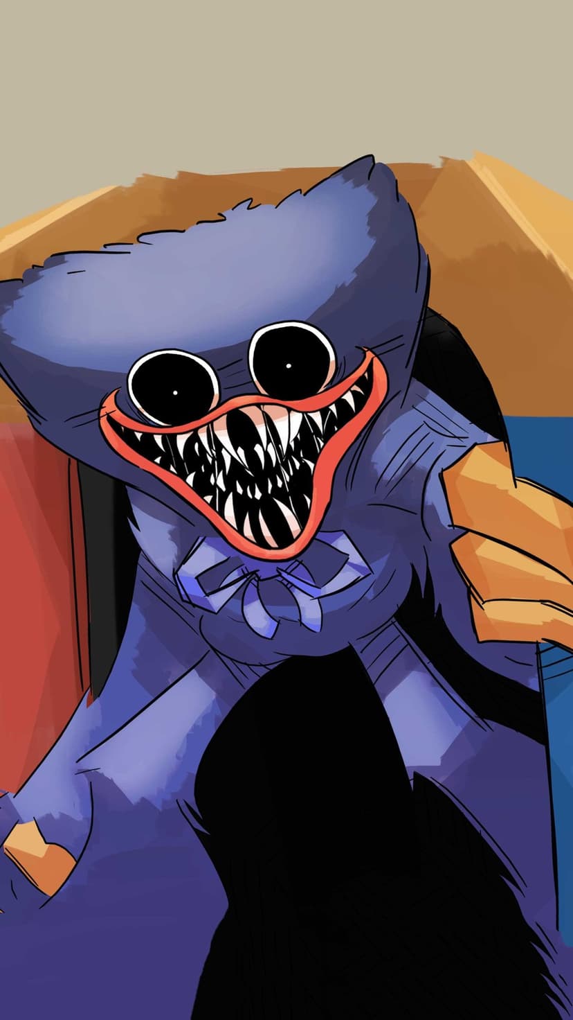 Huggy Wuggy monster with sharp teeth and wide eyes reaching forward in a menacing vertical mobile background.