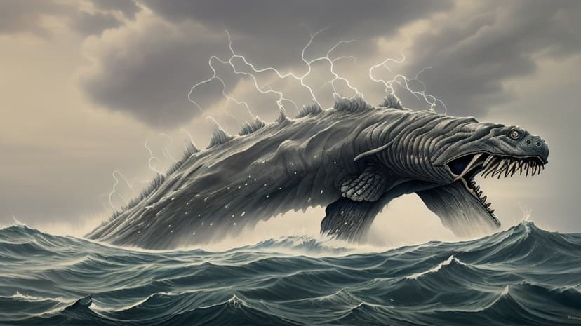 Giant sea serpent with sharp teeth breaches stormy ocean waves beneath a dark sky filled with jagged lightning.