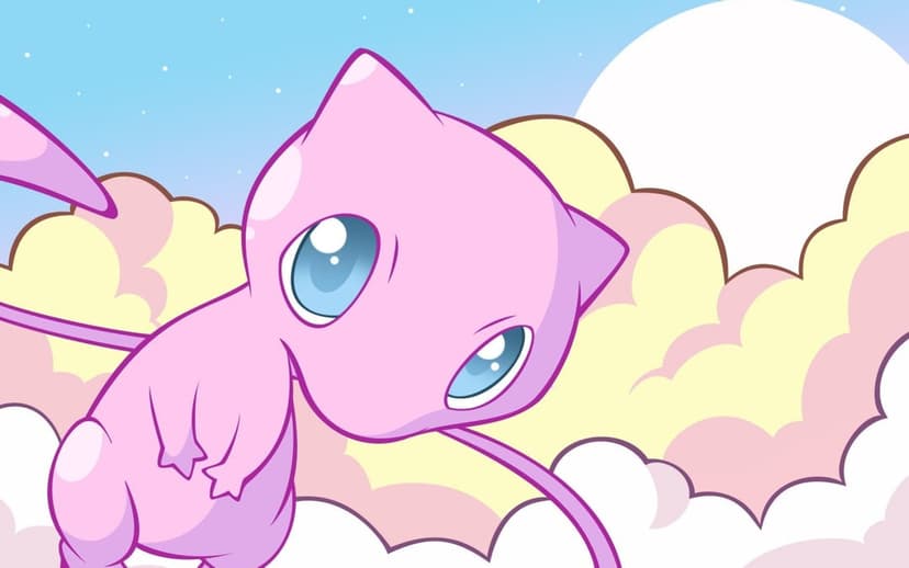 Mew with large blue eyes floats amongst pink and yellow fluffy clouds against a light blue starry sky background.