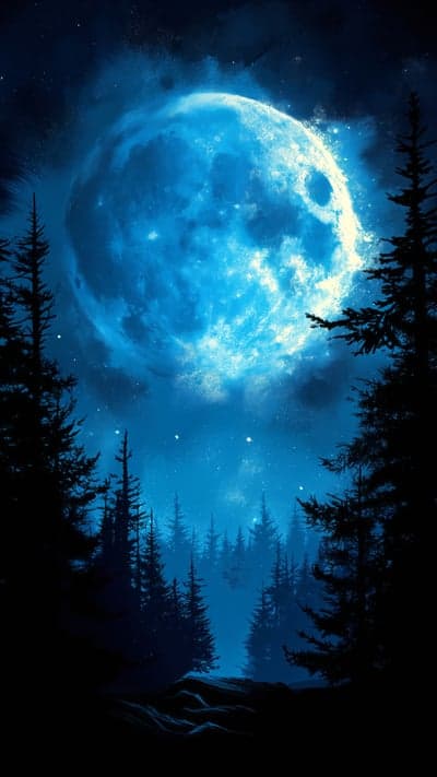 Mystical Blue Moon Over Dark Forest