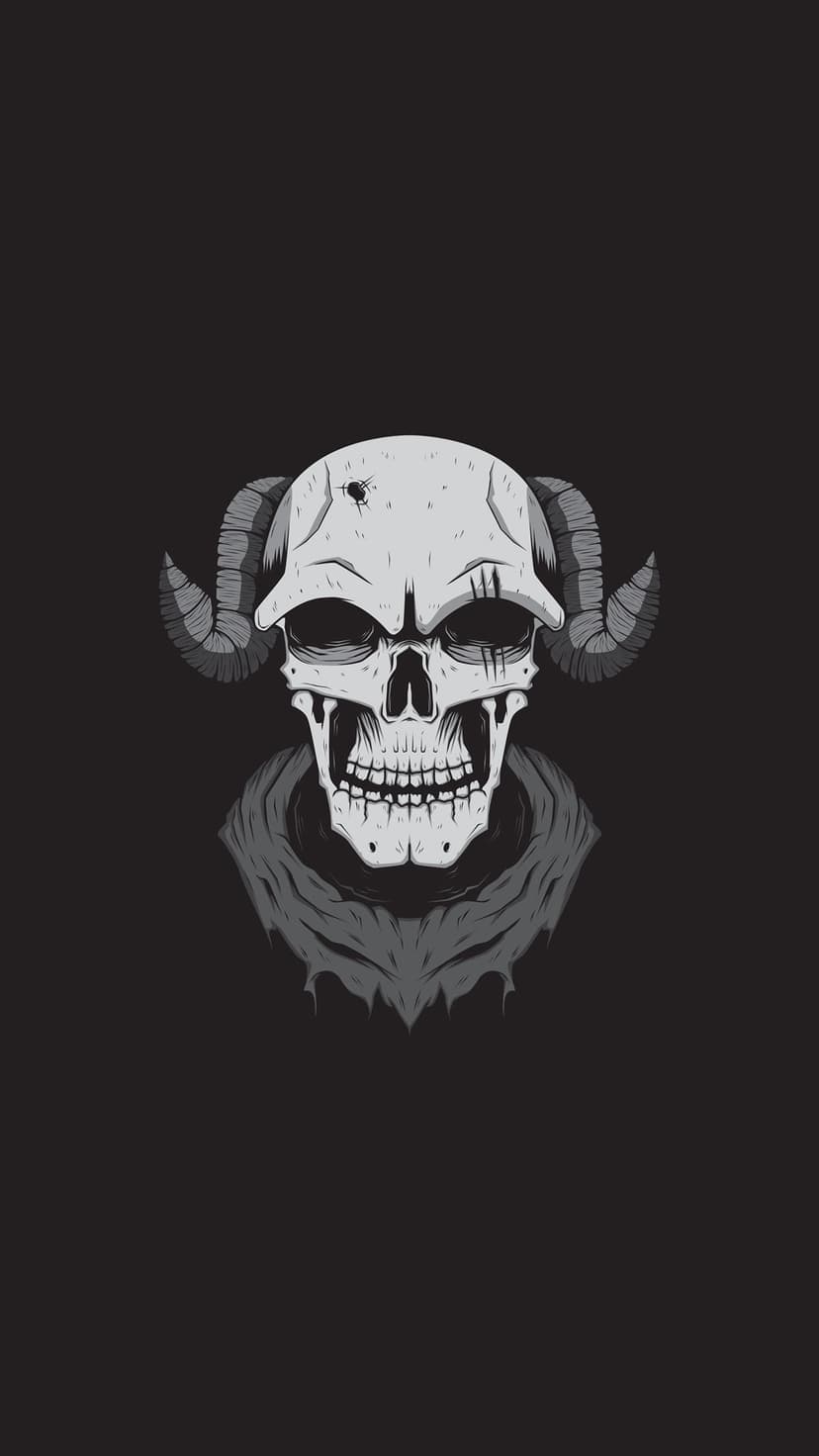 Skeletal head with curved horns and a draped scarf features a beetle on its brow against a dark gray background.