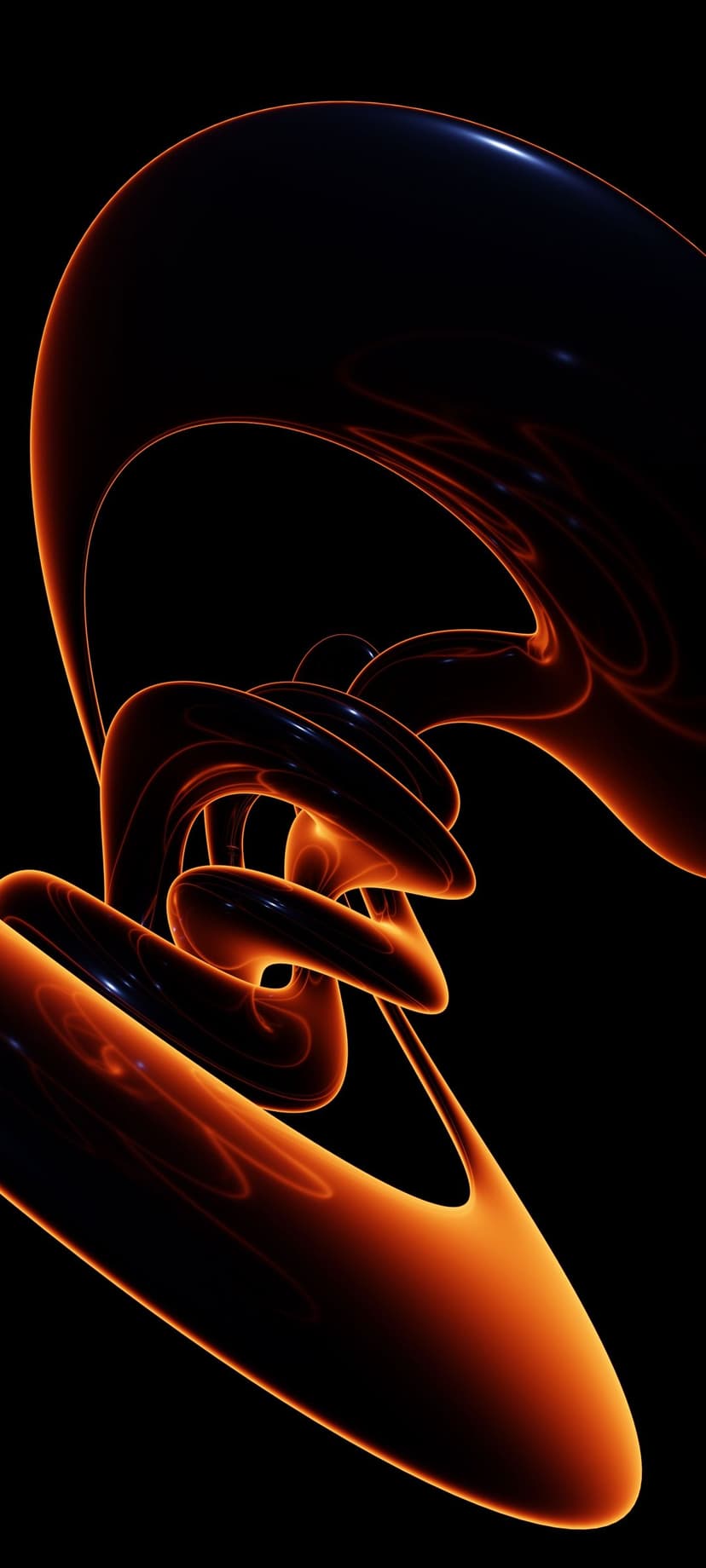 Vibrant orange liquid waves with luminous edges curve across a deep black space in a vertical composition.