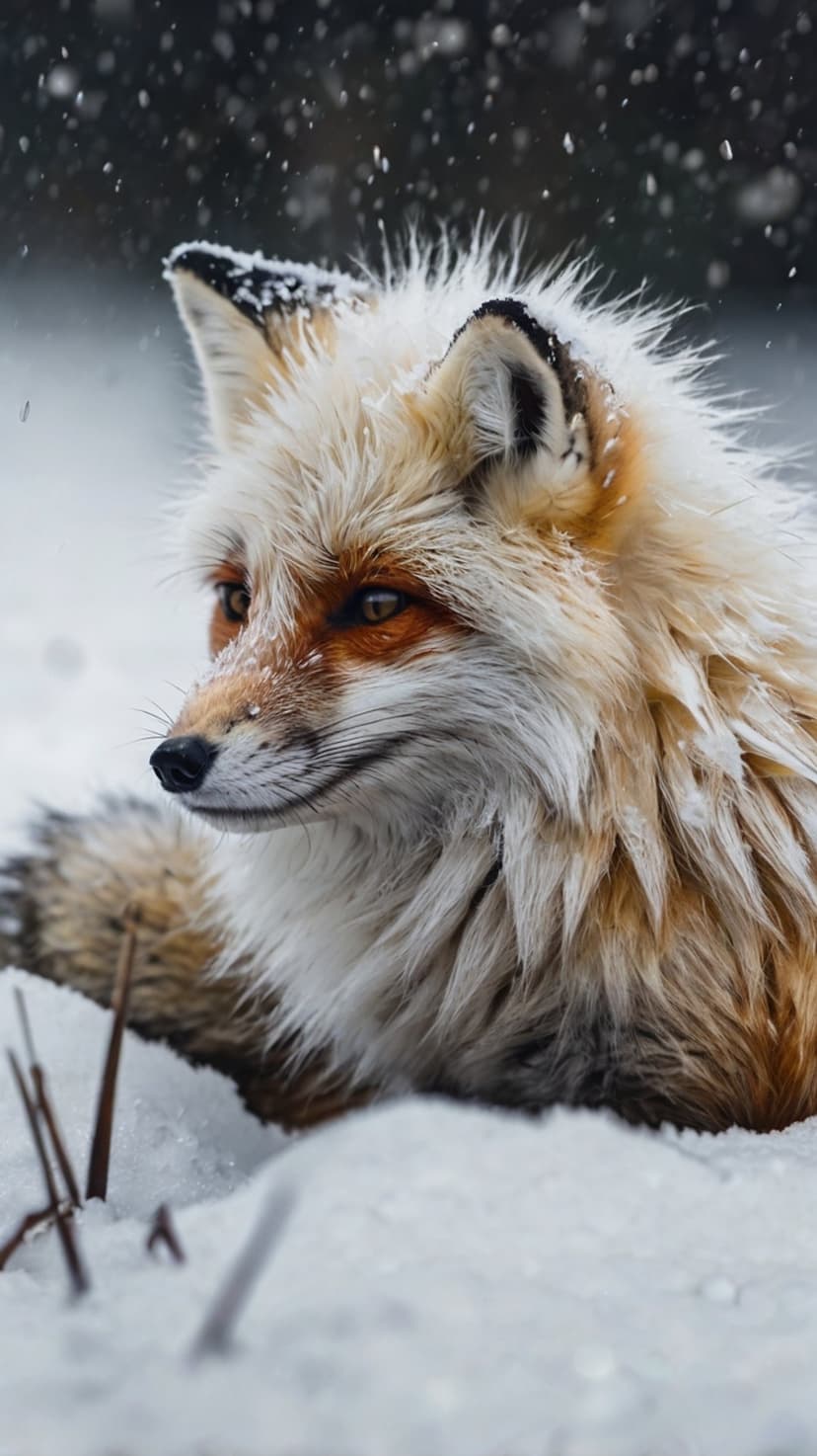 Red fox with frosted fur and amber eyes sits in a snowy field with soft-focus snowflakes falling around its face.