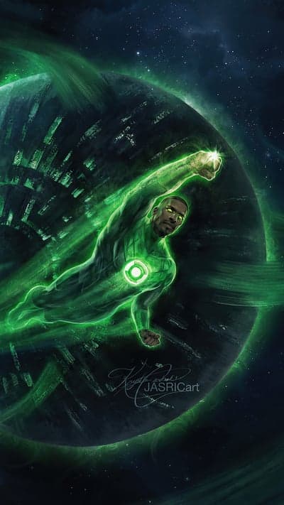 Green Lantern flying past a mysterious planet in space