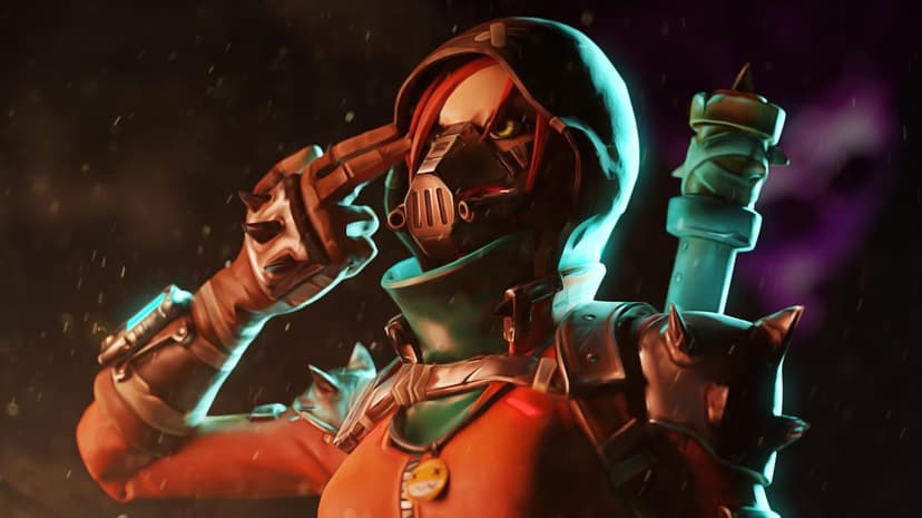 Hooded character wearing a gas mask and spiked armor posing against a dark cinematic background.