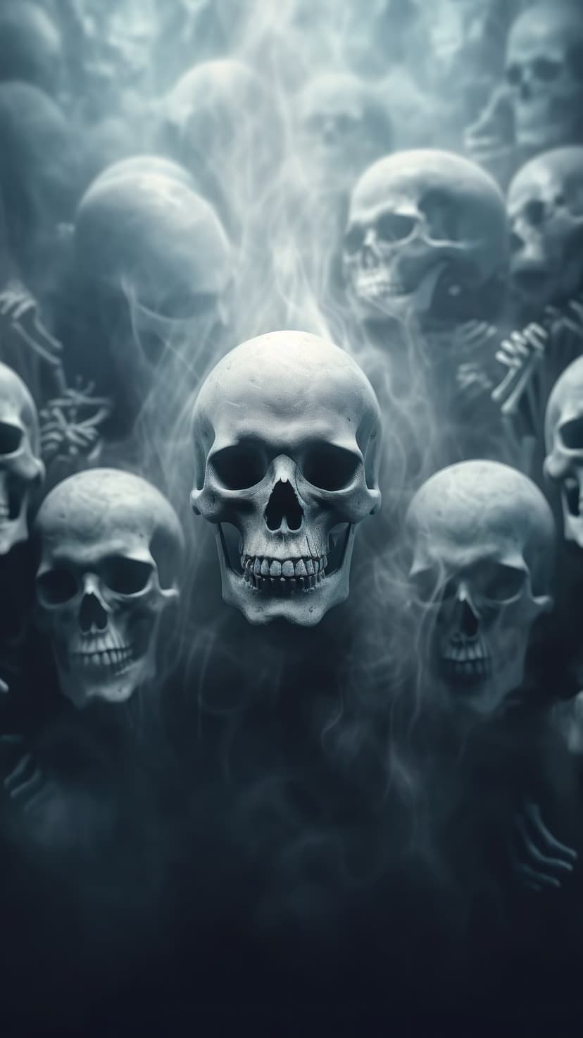 Weathered human skull centers a cluster of bone craniums partially hidden by thick, swirling gray smoke and mist.
