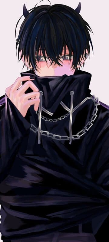Anime Boy with Black Hair, Horns, and Chain Hoodie