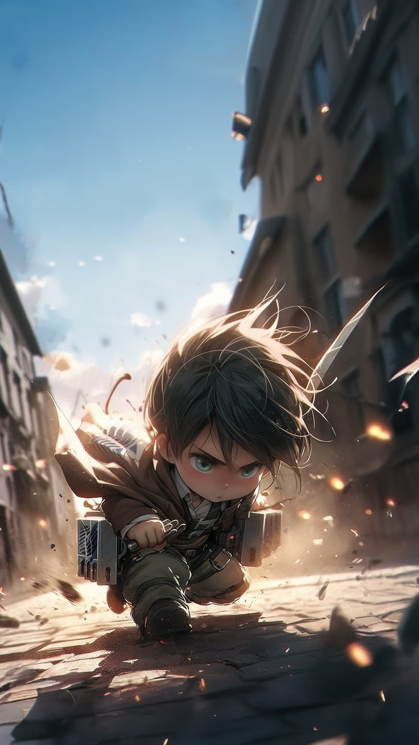 Eren Jaeger in chibi form wearing scout gear maneuvers through city rubble and smoke under a sunny blue sky.