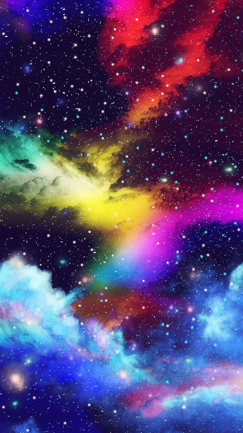 Swirling red and blue nebula clouds with glowing white stars scattered across a dark vertical expanse of space.