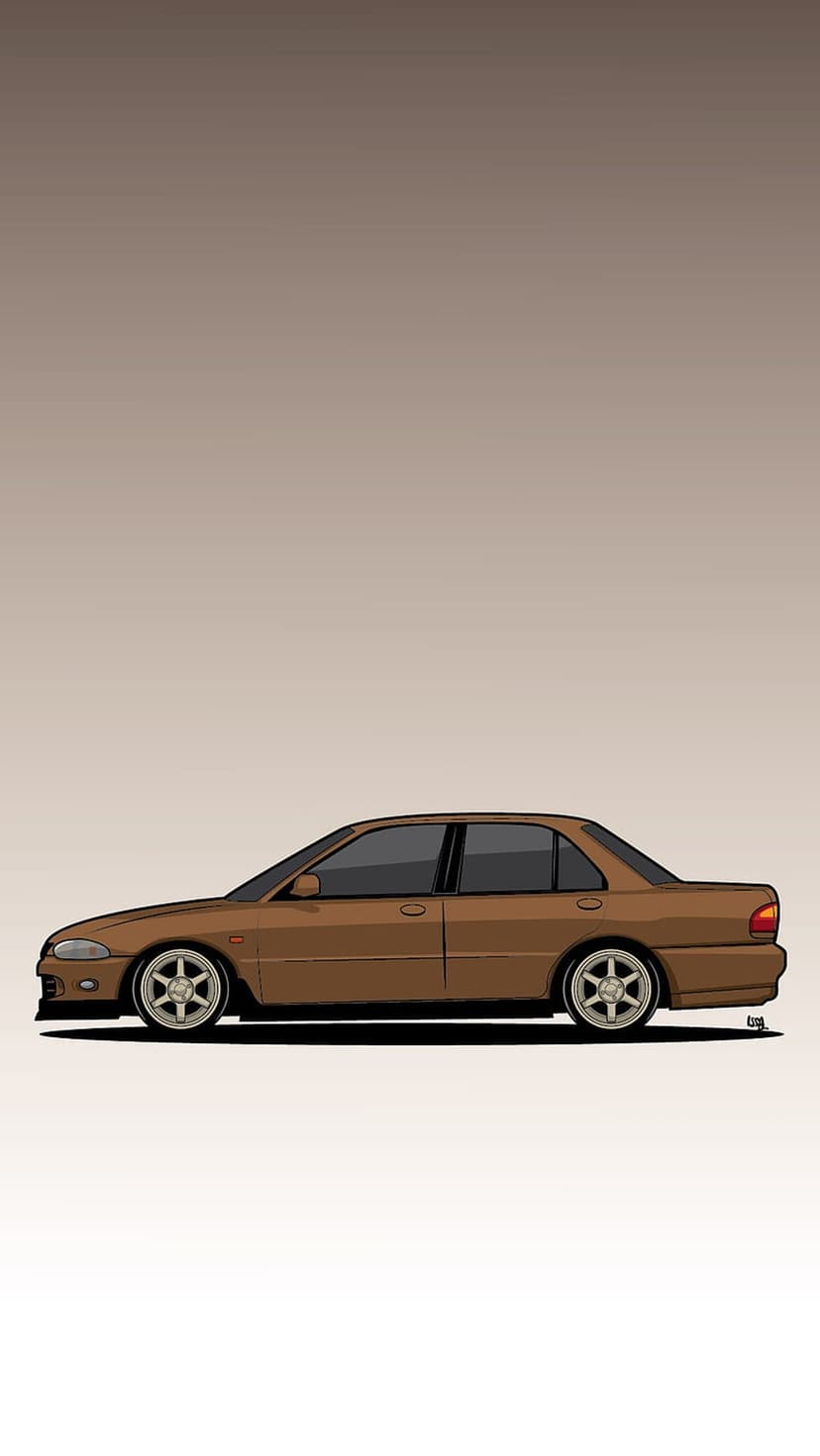 Brown sedan with custom silver wheels and a lowered stance shown in profile against a gradient background.