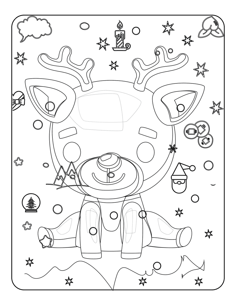 Reindeer coloring page featuring Santa hat, snow globe, and candle in black and white line art style.