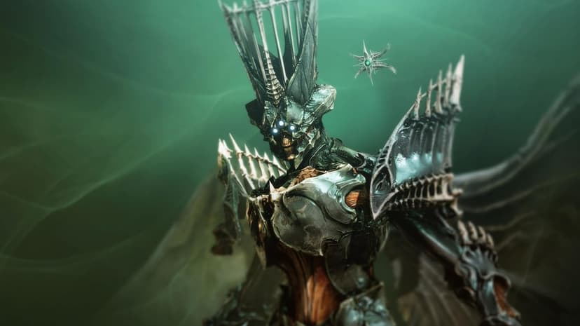 Skeletal Hive Queen with a tall crown and glowing blue eyes stands in green mist next to a floating Ghost.