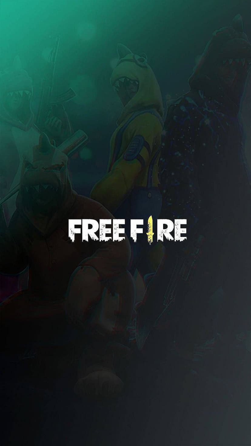 Characters wearing blue shark costumes stand beside the Free Fire logo on a dark, smoky vertical background.