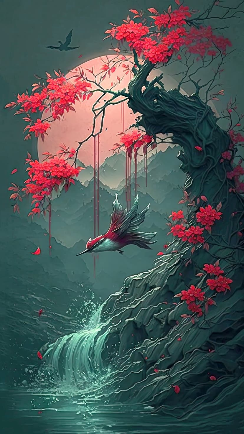 Red blossom tree and a soaring bird beside a misty waterfall under a soft pink moon in a mountain valley.