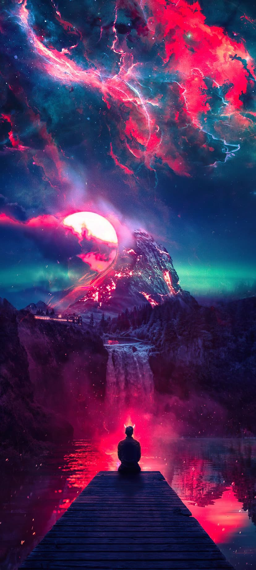 Man sitting on a wooden pier facing a glowing orange mountain under a swirling purple and gold nebula.