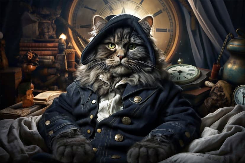 Anthropomorphic tabby cat wearing a blue Victorian coat and hood surrounded by brass clocks and old books.