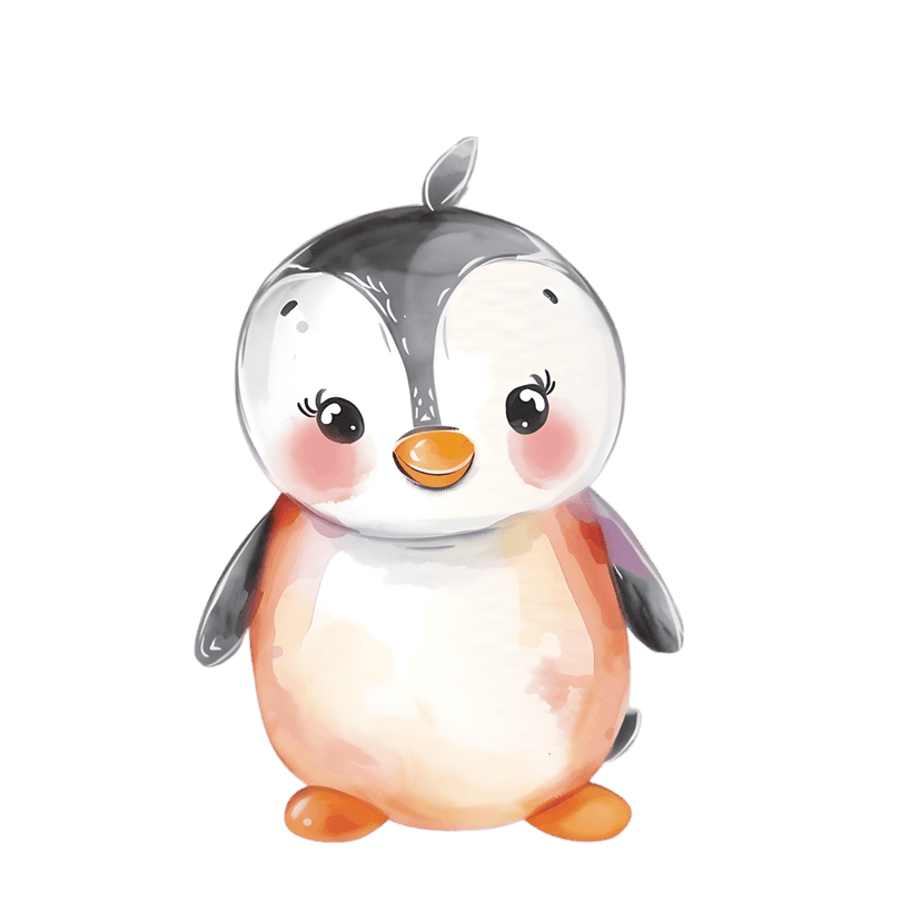 Penguin watercolor illustration featuring a small bird with pink cheeks and soft grey feathers on a clear background.