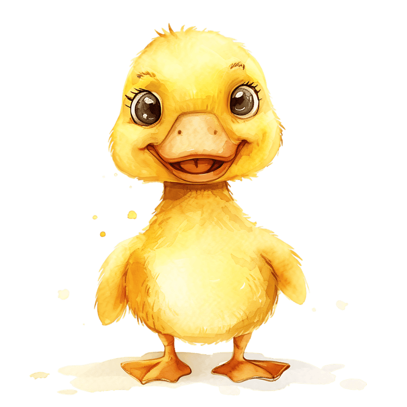 Yellow duckling watercolor illustration features fluffy feathers and an open orange beak on a dark background.
