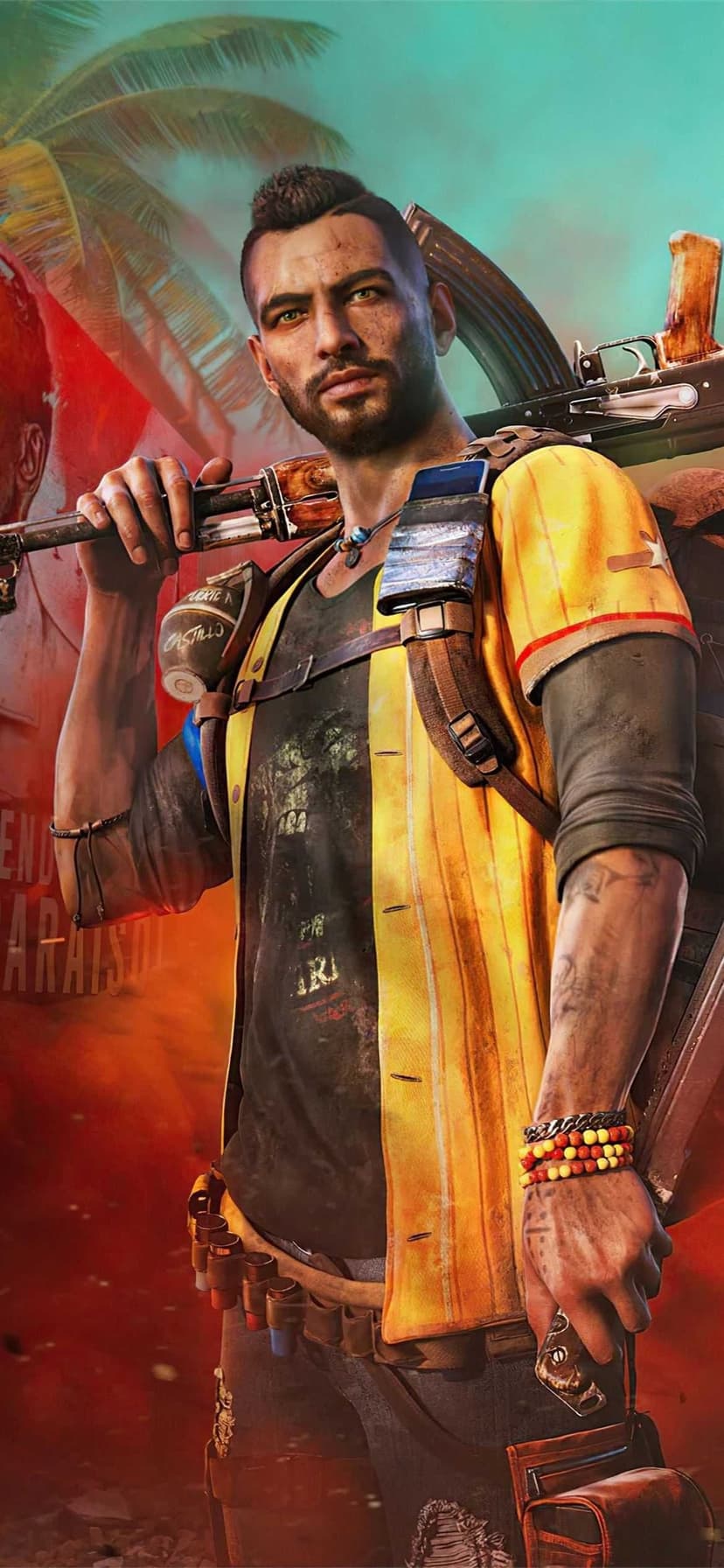 Male rebel soldier with a mohawk and rifle against a tropical red sky with palm tree leaves.